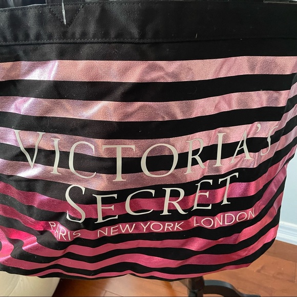 Victoria's Secret Overnight Canvas Purse Metallic Pink w/ Black Stripes Tote - Picture 5 of 13